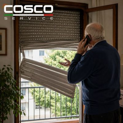 signore interdetto di fronte a una tapparella rotta, chiama cosco service.