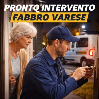 Un fabbro che aiuta una signora anziana sistemando la porta che si era bloccata
