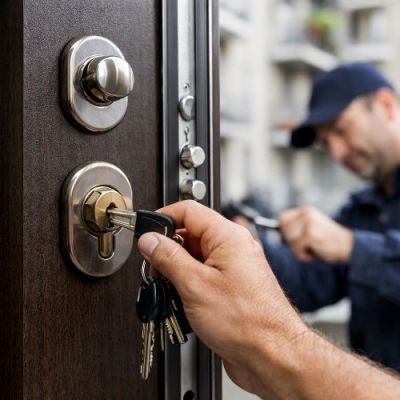 Fabbro che lavora su una porta blindata per cambiare la serratura